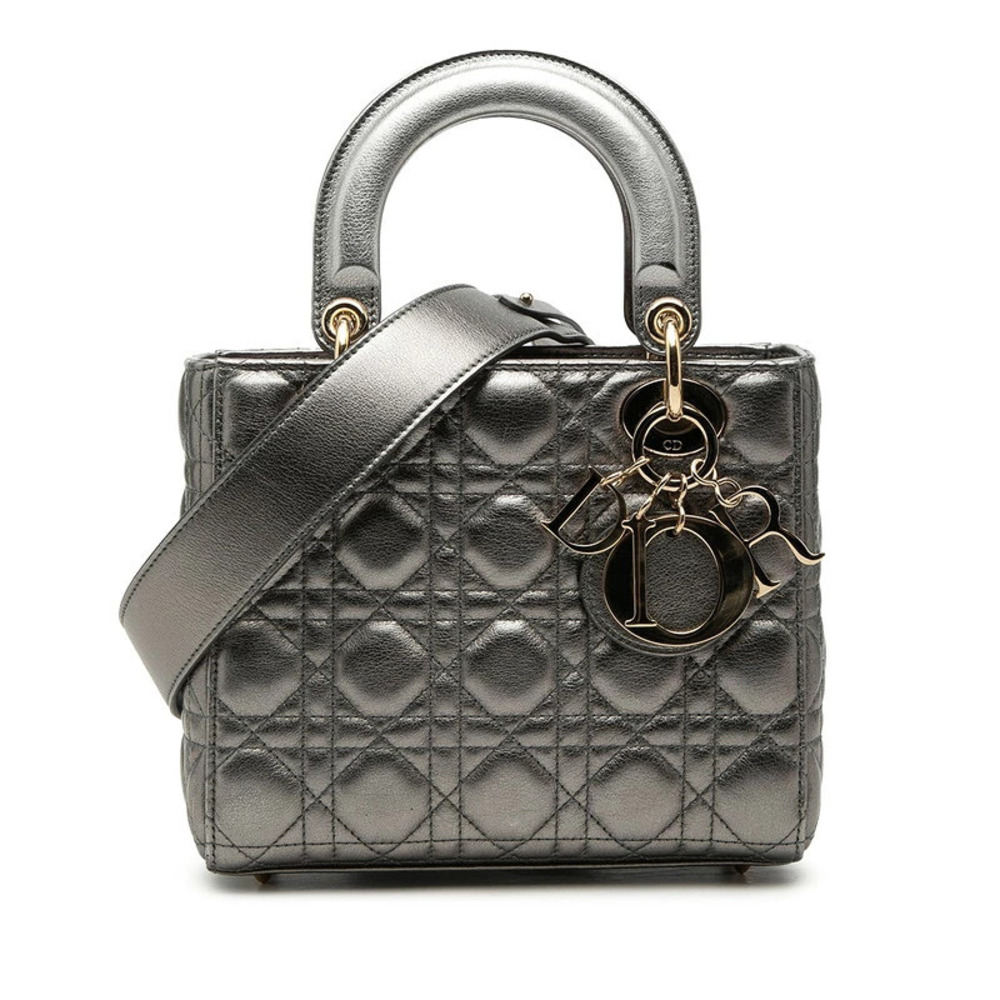 Dior Cannage Lady Handbag Shoulder Bag Silver Gold Leather